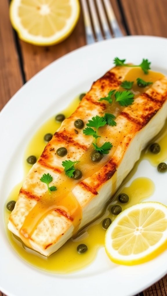 Pan-seared Mahi Mahi fillets with lemon caper sauce garnished with parsley on a rustic wooden table.